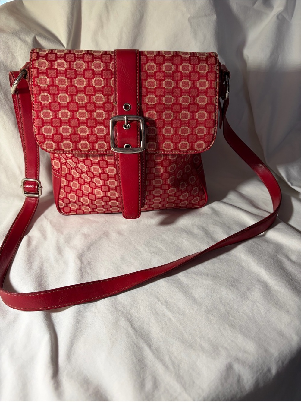 Nine West Red Geometric Crossbody Bag with Buckle Strap